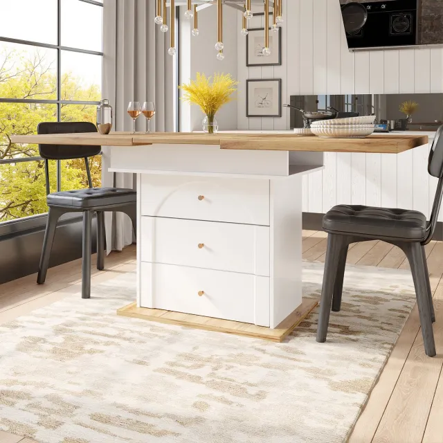 MIVRAY Eettafel - Uitschuifbaar Met Opbergruimte - Voor Keuken En Woonkamer - 110-140x80x75 cm - MDF En Metaal - Wit+Naturel