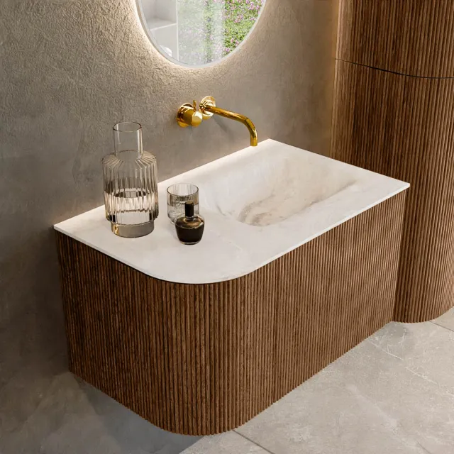 Mondiaz KURVE-DLUX 75 cm Onderkast Greeploos 1 Lade Met Deuren Walnut, Wastafel Solid Surface Rechts Frappe 0 Kraangaten Zonder Spiegel (KRVGRU75L1L1D0KR-Wal/Fra)