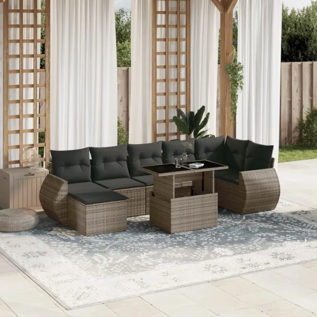 vidaXL 8-delige Loungeset met kussens poly rattan grijs, foto 2