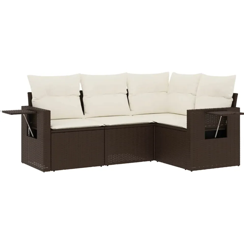 vidaXL 4-delige Loungeset met kussens poly rattan bruin