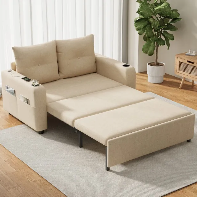 Sweiko Tweezitsbank - Uitschuifbare slaapbank - Slaapfunctie - Met bekerhouders - 2 kussens - USB-poorten - Beige