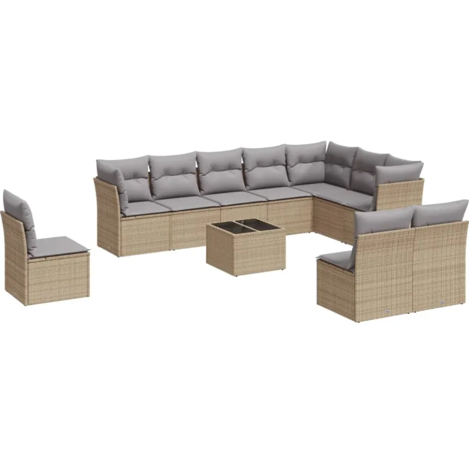 vidaXL 11-delige Tuinset met kussens poly rattan beige
