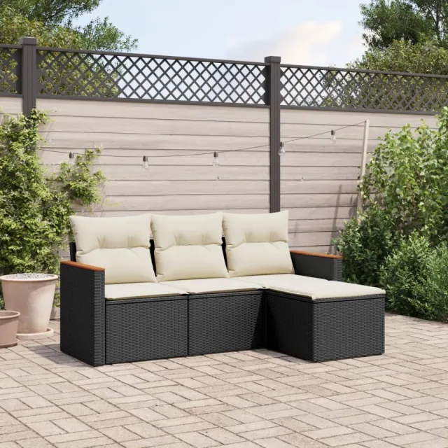 vidaXL 4-delige Loungeset met kussens poly rattan zwart, foto 2