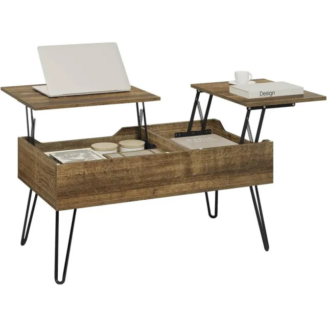 BukkitBow Salontafel - met Dubbel Aparte Verborgen Opbergruimte / Opbergvak - Salontafel met 2 in Hoogte Verstelbare Bladen - Vintage Bruin Hout