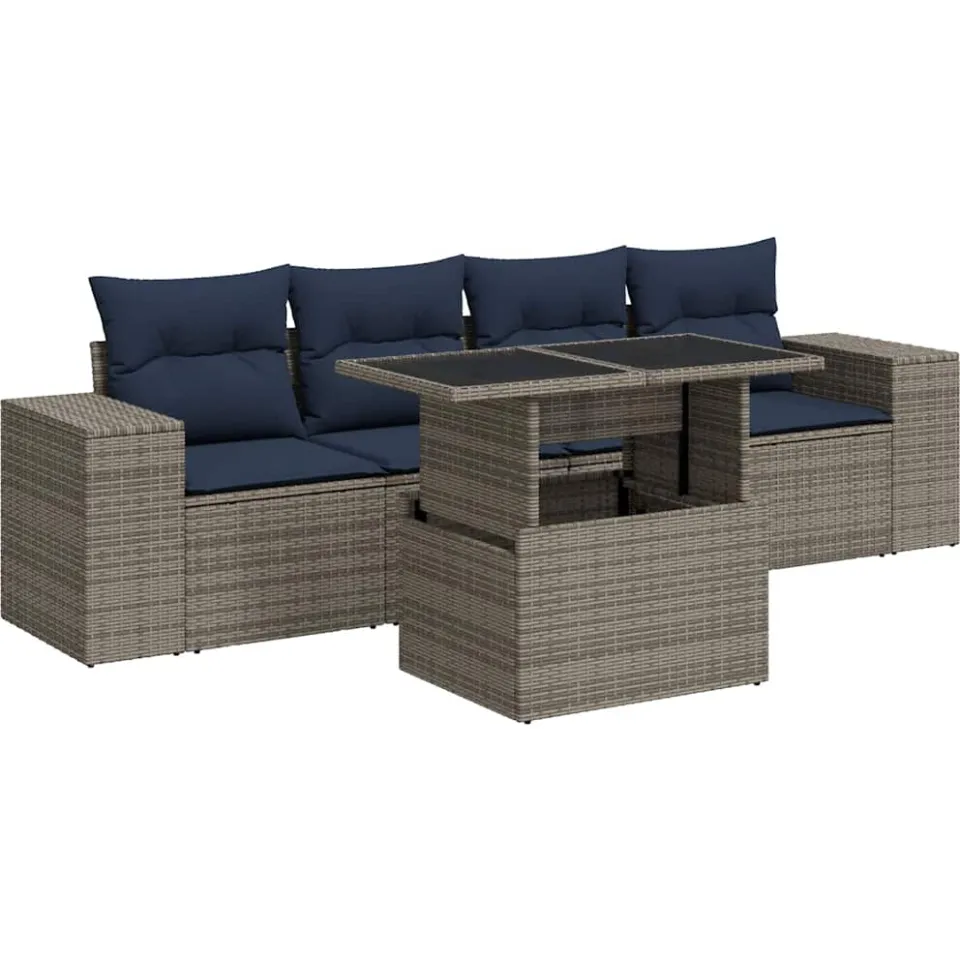 vidaXL 5-delige Loungeset met kussens poly rattan acacia grijs, foto 3