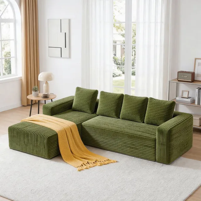 MODENUIT Hoekbank 261 cm - Modulair L-model met Chaise Rechts - Voor Woonkamer en Slaapkamer - Stof - Groen Green