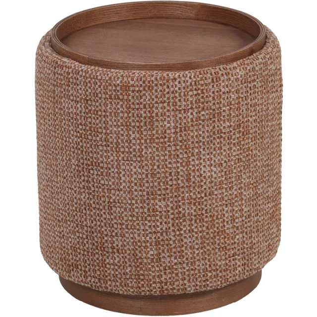 DÉJA Living Bijzettafel Marcia Terra/Walnoot – Rond – Met Opbergruimte – Chenille en Essenfineer – 40x40x44 cm