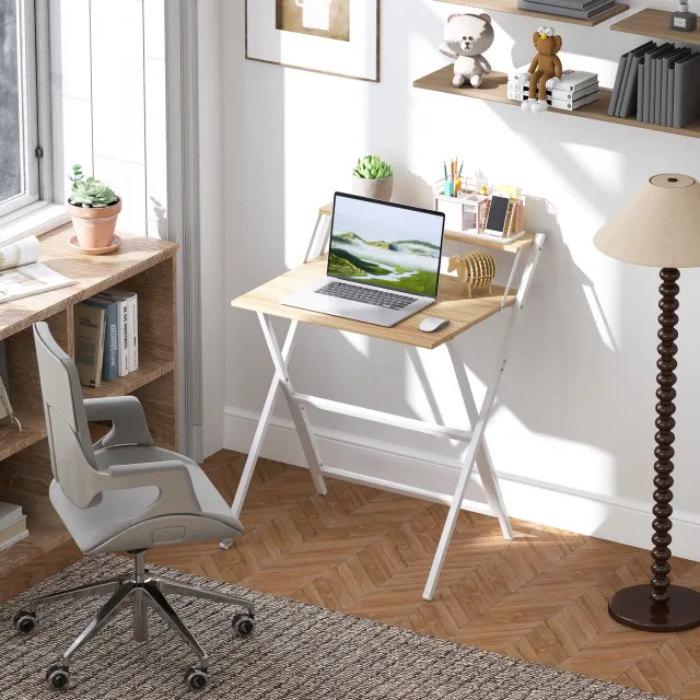MUVANO Inklapbaar bureau - Met opzetplank - Stalen kruisonderstel - 70 x 62 x 86,5 cm - Opklapbare werkplek voor slaapkamer en thuiskantoor - Naturel en wit
