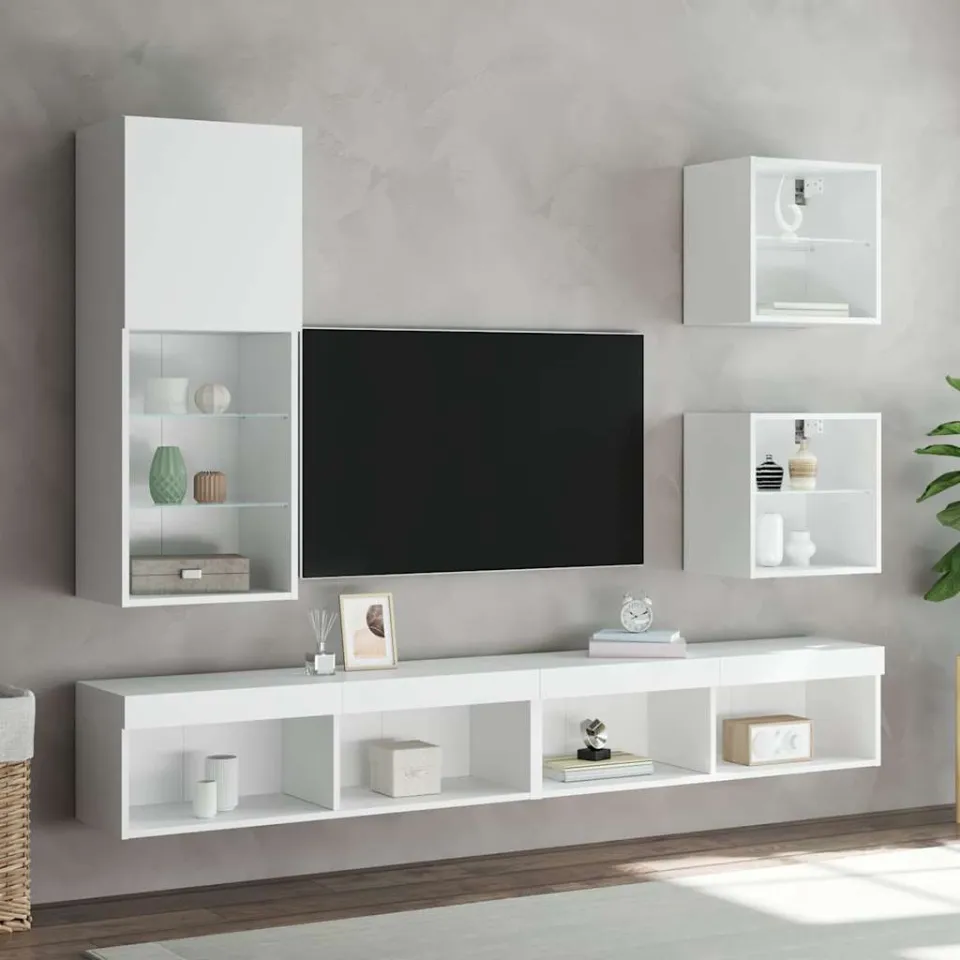 vidaXL 5-delige Tv-wandmeubelset met LED-verlichting bewerkt hout wit, foto 2