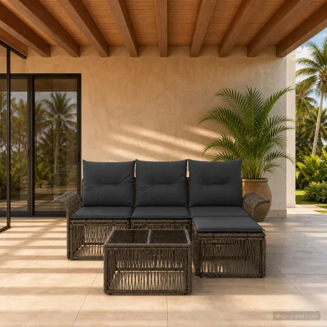 vidaXL Tuinbankenset 5 st 4-zits Grijs poly rattan, foto 2
