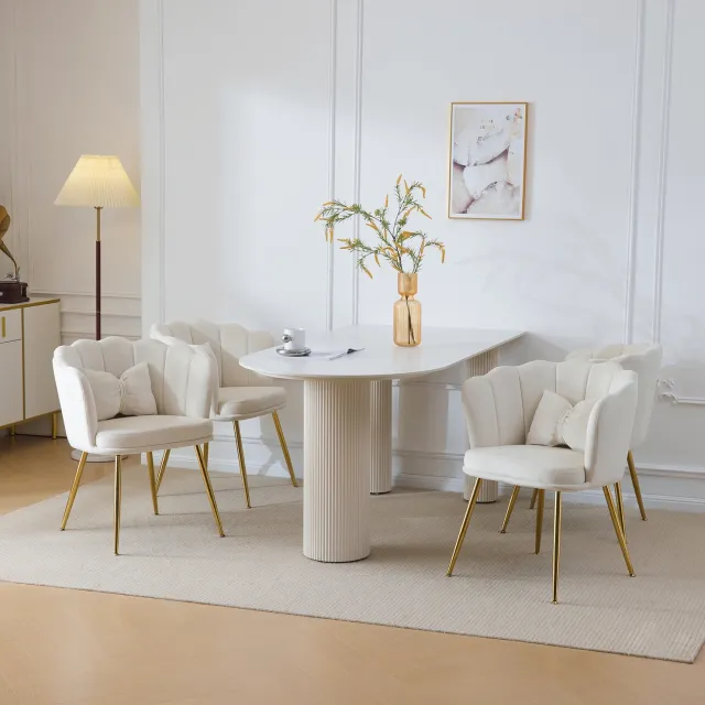 MODFU Set Van 4 Fauteuils - Bloembladvormige Rugleuning - Fluweel - Beige - 63 X 58 X 77 Cm Wit