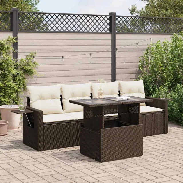 vidaXL 5-delige Loungeset met kussens poly rattan bruin, foto 2