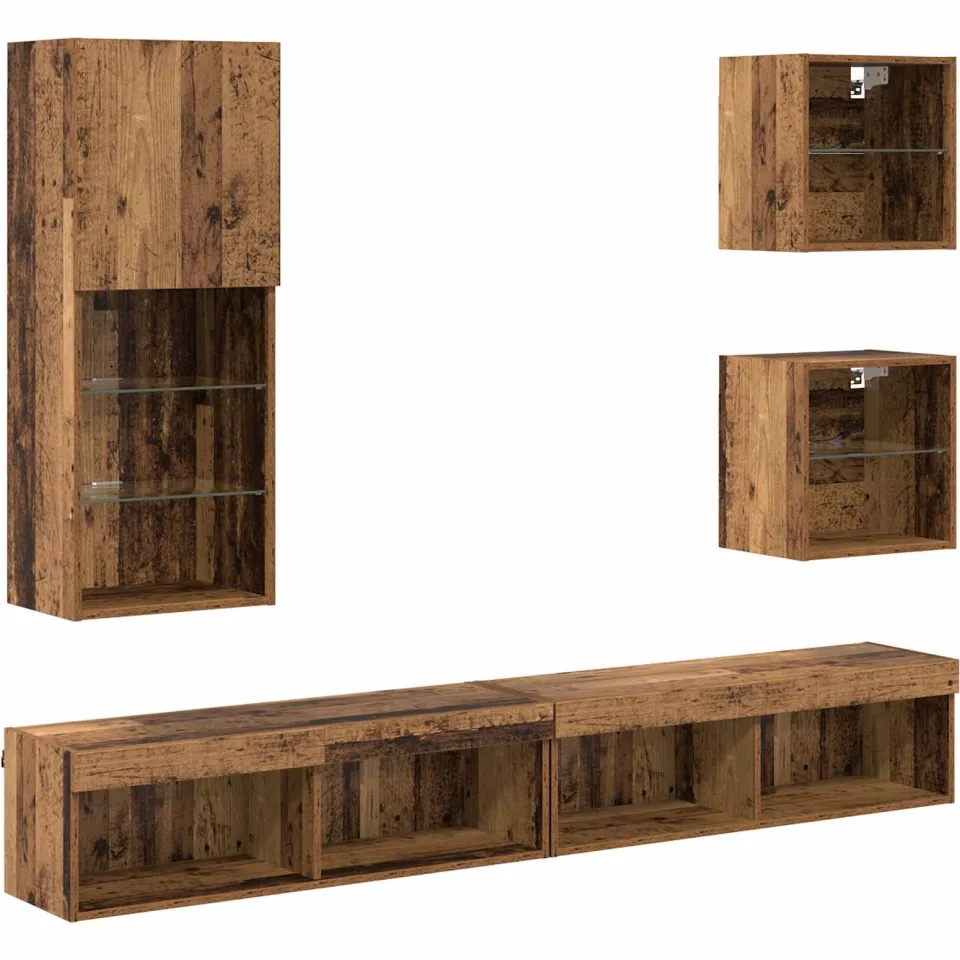 vidaXL TV Wand Eenheden met LED 5 st Oud Hout 100 x 30 x 30 cm bruin, foto 3