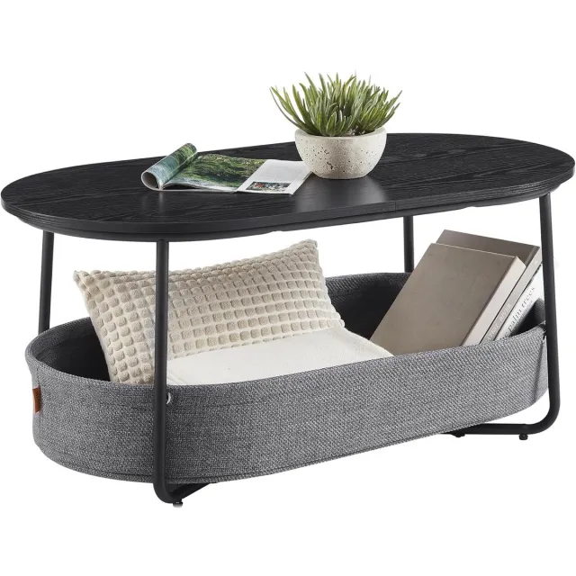 FurnStar Salontafel ovaal - Tafel met opbergruimte - Bijzettafel - Woonkamertafel met mand van stof - Modern design - Metalen frame - Inktzwart Leigrijs Inktzwart & Leigrijs