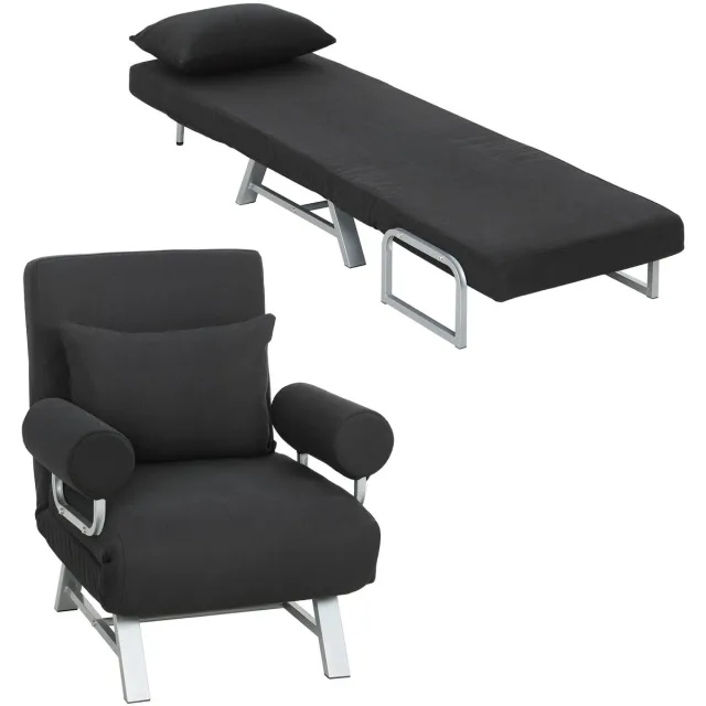 ITRONIQ Slaapfauteuil 190 x 58 cm - Verstelbare Fauteuil 5 Standen - Opklapbaar Logeerbed Met Armleuningen & Kussen - Zwart