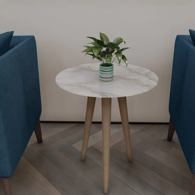 DECORITA Nesttafel / Bijzettaffel | Houten Voet| Vlakke Tafel Van Gehard (Onbreekbaar) Glas|Wit Glinsterend Marmerlook|Diameter40cm