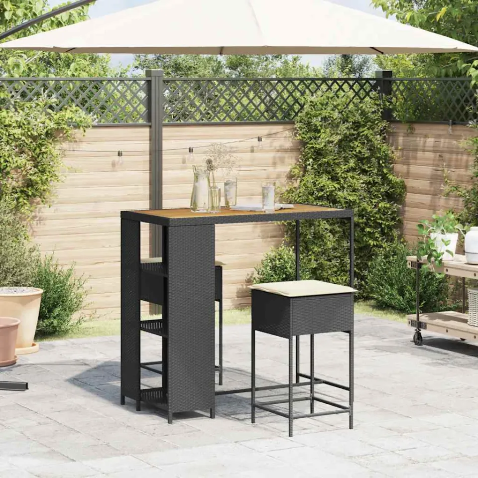 vidaXL 3-delige Tuinbarset met kussens poly rattan zwart, foto 3