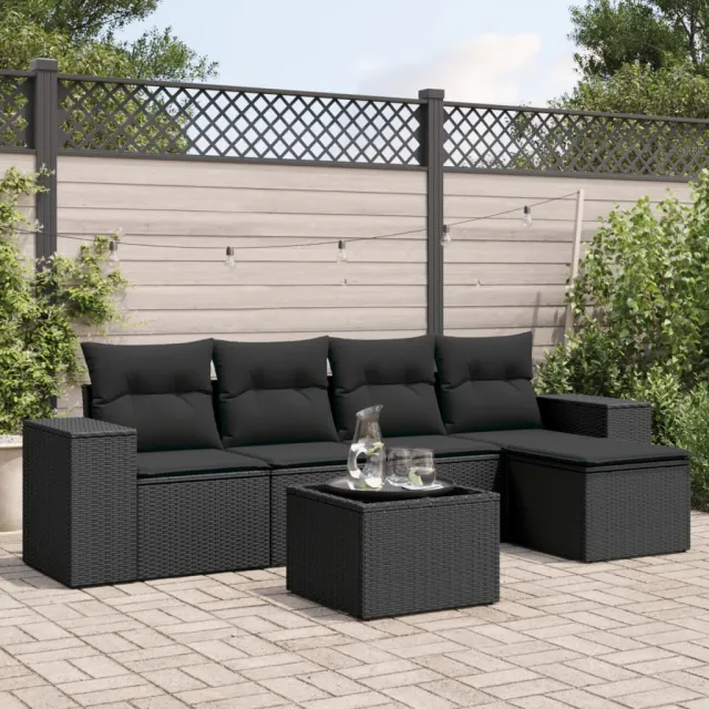 vidaXL 6-delige Loungeset met kussens poly rattan zwart, foto 2