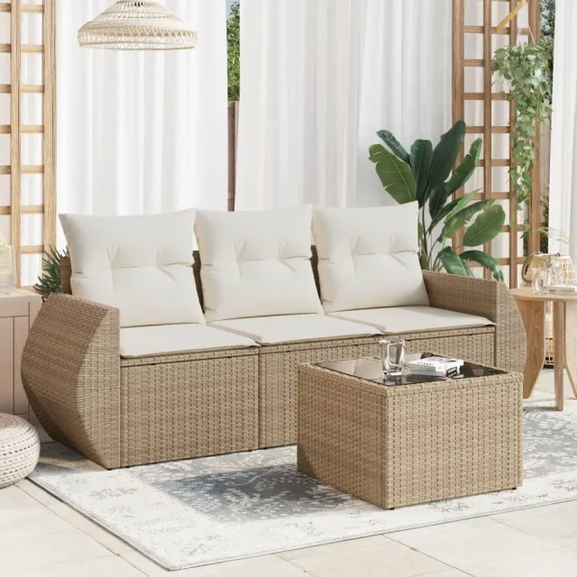 vidaXL 4-delige Loungeset met kussens poly rattan beige, foto 2