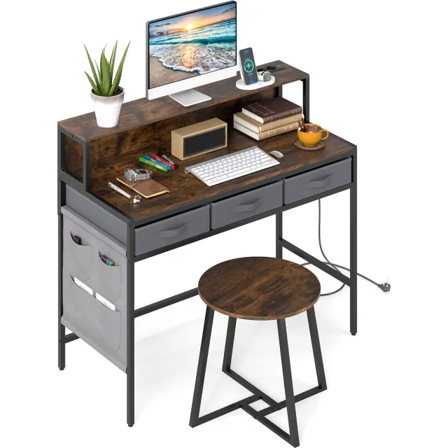 Costway Computertafel met stopcontacten, computerbureau met monitorstandaard, stoffen laden, zijvakken, make-uptafel met kruk voor werkkamer, slaapkamer, woonkamer (bruin)