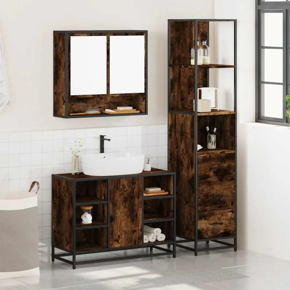 vidaXL 3-delige Badkamermeubelset bewerkt hout gerookt eikenkleurig, foto 2