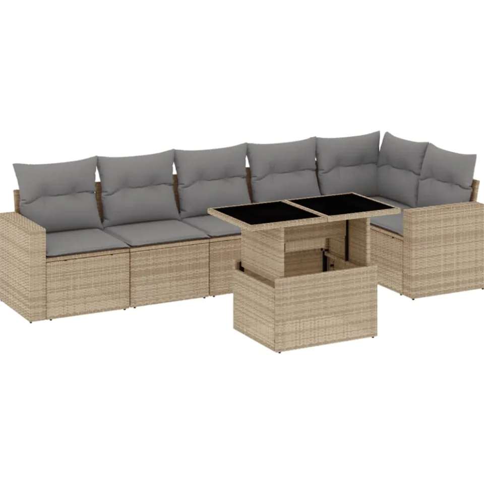 vidaXL 7-delige Loungeset met kussens poly rattan beige, foto 3