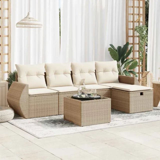 vidaXL 6-delige Loungeset met kussens poly rattan beige, foto 2