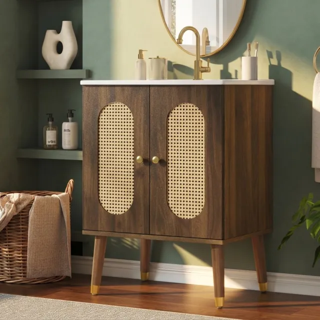 STILVORA Badkamer Wastafelmeubel - 61 Cm Staand Model Met Rattan Deuren En Keramische Wastafel - Walnoot - 61x47x89 Cm