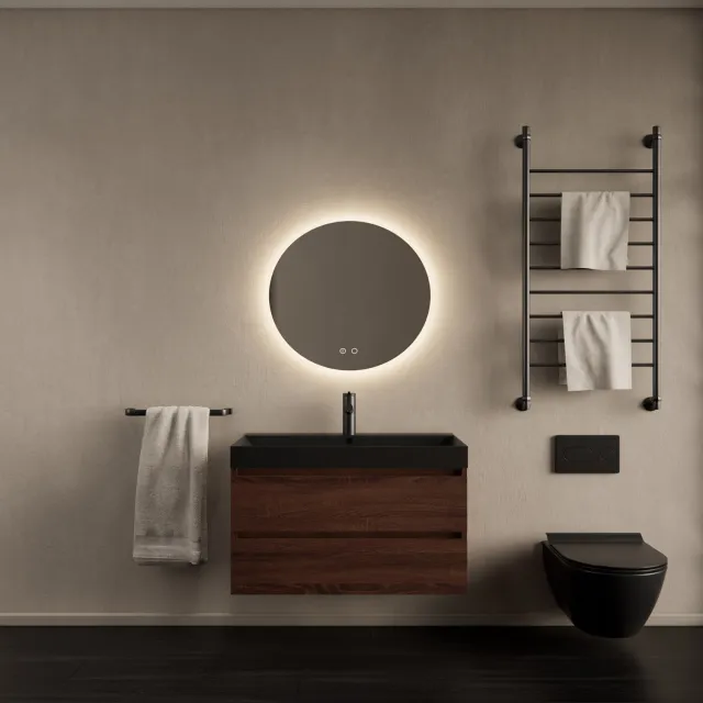 Gliss Design Badkamermeubelset Gliss Design Milan Met Lako Mat Zwarte Wastafel 80 cm Choco Eiken
