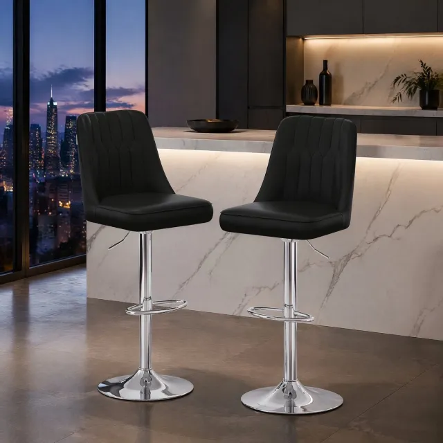 COVREO Barkruk set van 2, 61x56x117,5 cm, zwart en zilver, kunstleer, draaibaar Zwart, zilver