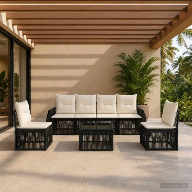 vidaXL Tuinbankenset 7 st 6-zits Zwart en Cream Wit poly rattan, foto 2