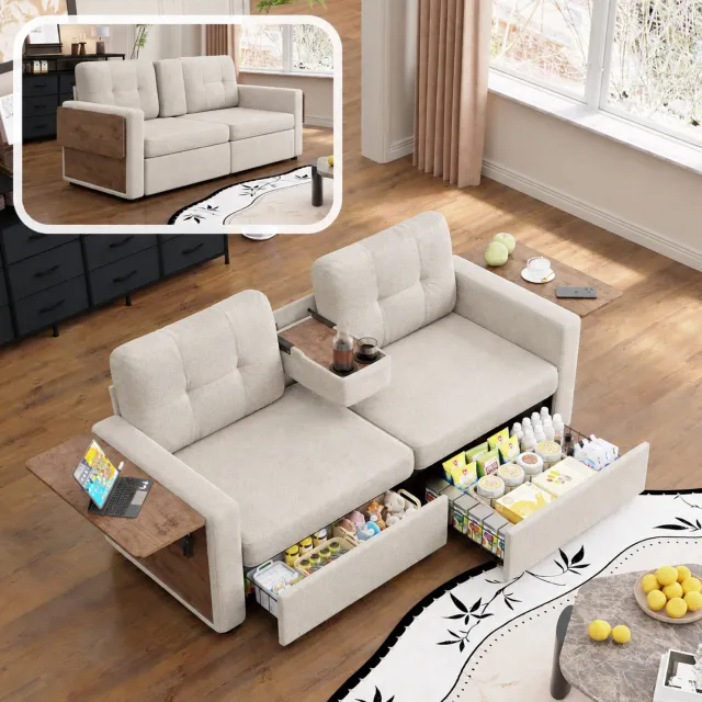 DESMIU Slaapbank 178 cm - 2-Zits Met Opberglades, Verstelbare Zitting, Laptoptafel En Bekerhouders - Woonkamer - Chenille Beige