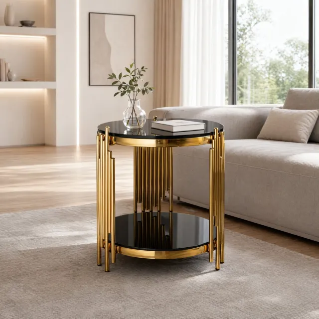 DESMIU Bijzettafel - Ronde Tafel Met 2 Niveaus Van Gehard Glas - Voor Woonkamer En Slaapkamer - Roestvrij Staal In Zwart En Goud - 45x45x55 Cm