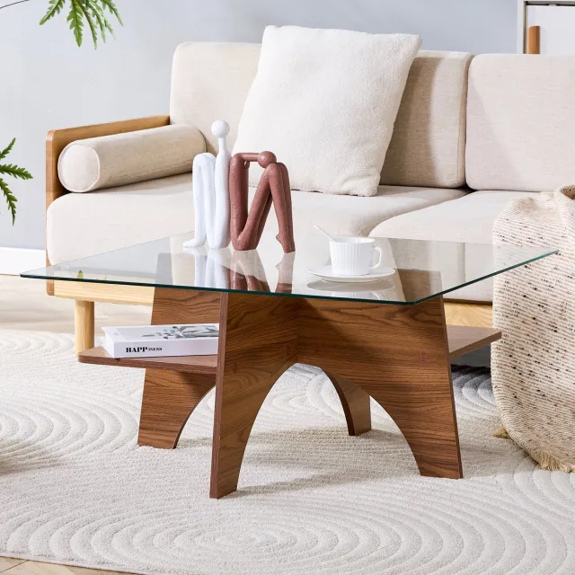 FloraGrace Salontafel - Vierkant Met Veiligheidsglas En Opbergplank - Voor Woonkamer En Slaapkamer - MDF En Glas - 80x80x40 Cm - Walnoot Walnut