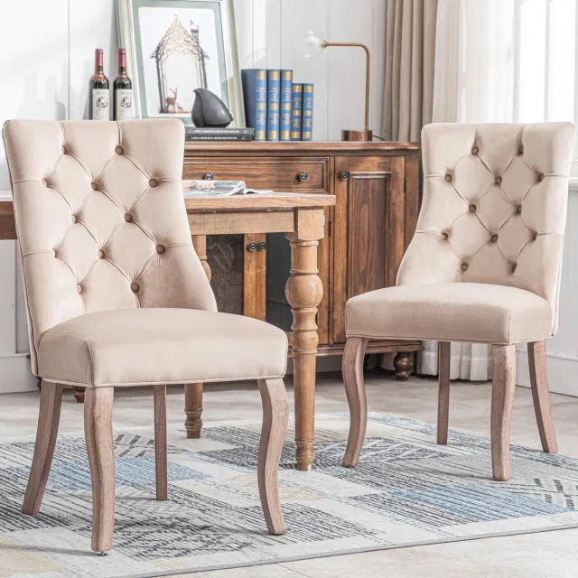 Sweiko Beige Fluweel Hoge Rugleuning Eetkamerstoelen Set van 2, Solid Wood Frame, Knop Quilting Chic Stijl, Stabiele Structuur, Meerdere gebruiksscenario's, Gemakkelijk te bouwen, Ergonomische 4-Legged Stoel