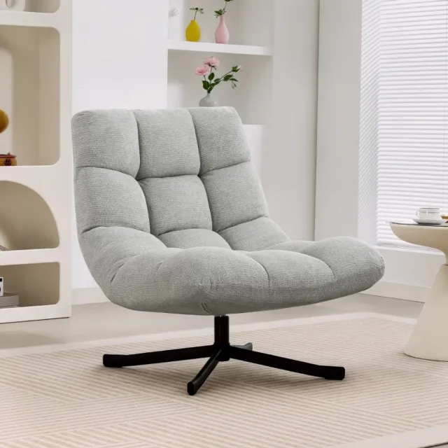 REDOM Fauteuil - 360° draaibaar - zonder armleuningen - gewatteerde zitting - chenille bekleding - metalen onderstel - Lichtgrijs - 95 x 75 x 90 cm
