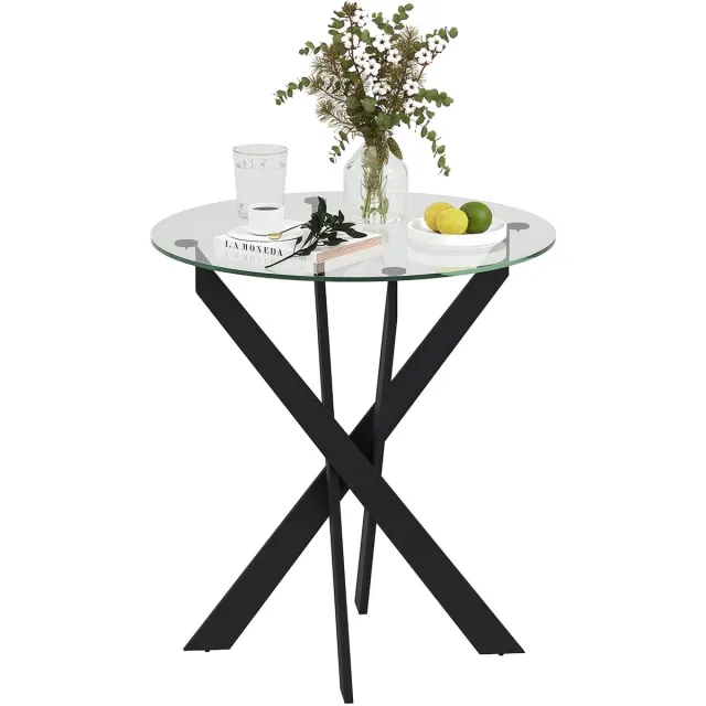 Homcom Eettafel Rond Gehard Glas - X-Poten Stalen Onderstel - Zwart Zwart;Transparant