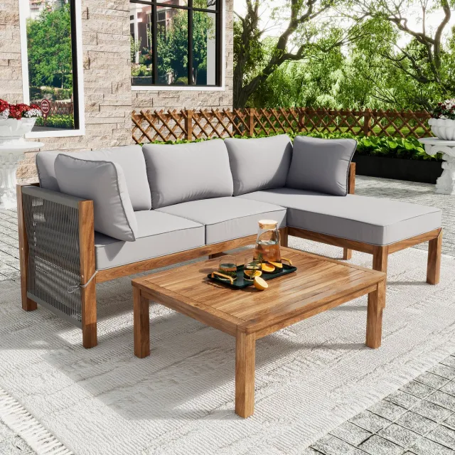 Zubaliya Tuin Loungeset 3-delig - Acacia Hout - Handgeweven Grijze Zeil - Incl. 8 cm Kussens grijs
