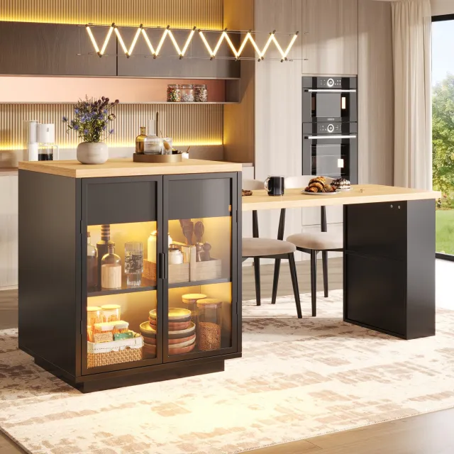 COVREO Uitschuifbare eettafel met kast – 122-194,5x70x94 cm – Keukeneiland met LED – Werkmeubel met lade en open rek – Zwart