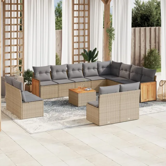 vidaXL 13-delige Loungeset met kussens poly rattan beige, foto 2
