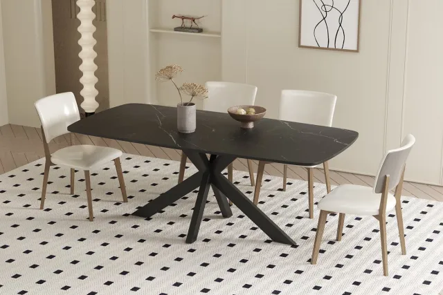 Rousseau Apollo Eettafel – 180 x 90 cm – Deens Ovaal – Zwart Stenen Blad – Zwarte Metalen Matrixpoot