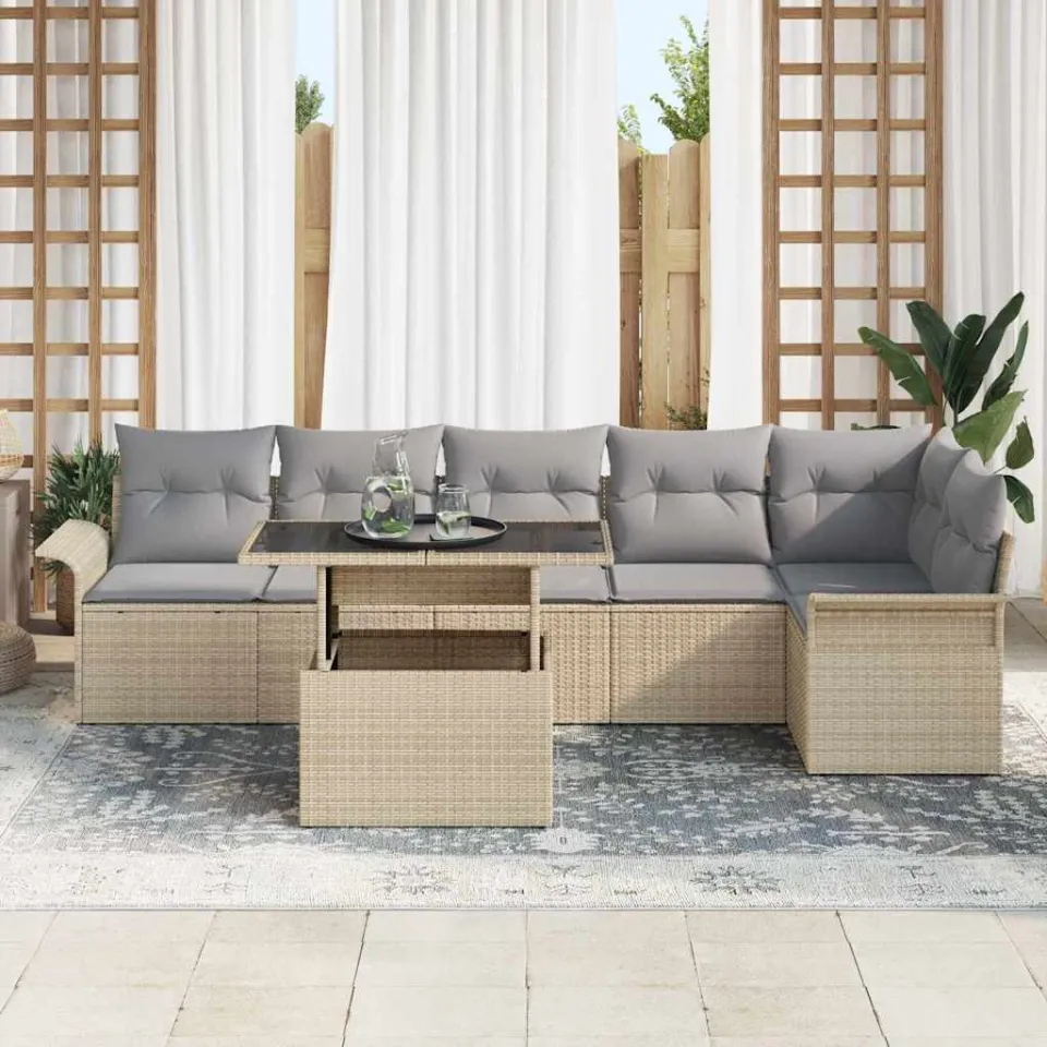 vidaXL Tuin Sofa Set 7 st Beige poly rattan, foto 3