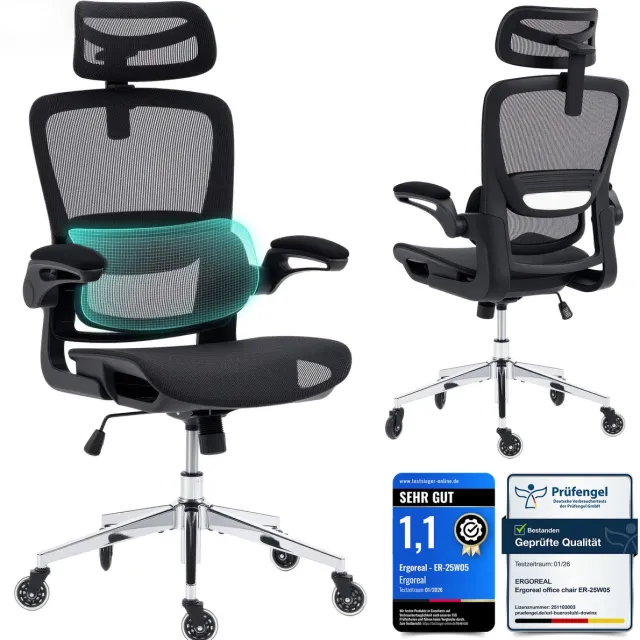 Ergoreal Ergonomische Bureaustoel - Office Chair - met 3D-hoofdsteu - Verstelbare armleuningen - Lendensteun -Zwart