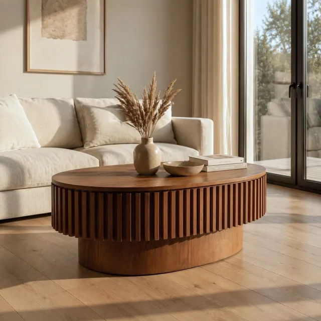 KOMHTOM 98 cm ovale geribbelde salontafel met verborgen opbergruimte, moderne cocktailtafel van massief hout met fineer, eenvoudig in 5 minuten te monteren accenttafel voor de woonkamer, slaapkamer, appartement of kantoor, walnoot