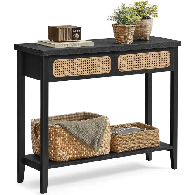 FurnStar Consoletafel – Haltafel met 2 Laden & Open Plank – Smalle Banktafel voor Hal of Woonkamer – Boho-Stijl – Afgeronde Hoeken – Zwart - LNT016B21