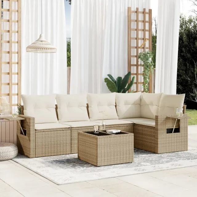 vidaXL 6-delige Loungeset met kussens poly rattan beige, foto 2