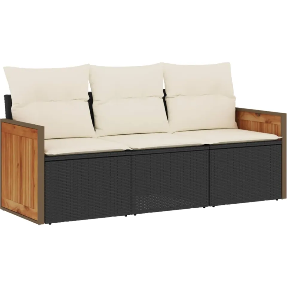 vidaXL 3-delige Loungeset met kussens poly rattan zwart