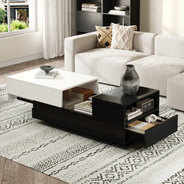 CHICFURN Salontafel - Verstelbaar tafelblad - 2 lades - Zwart-wit
