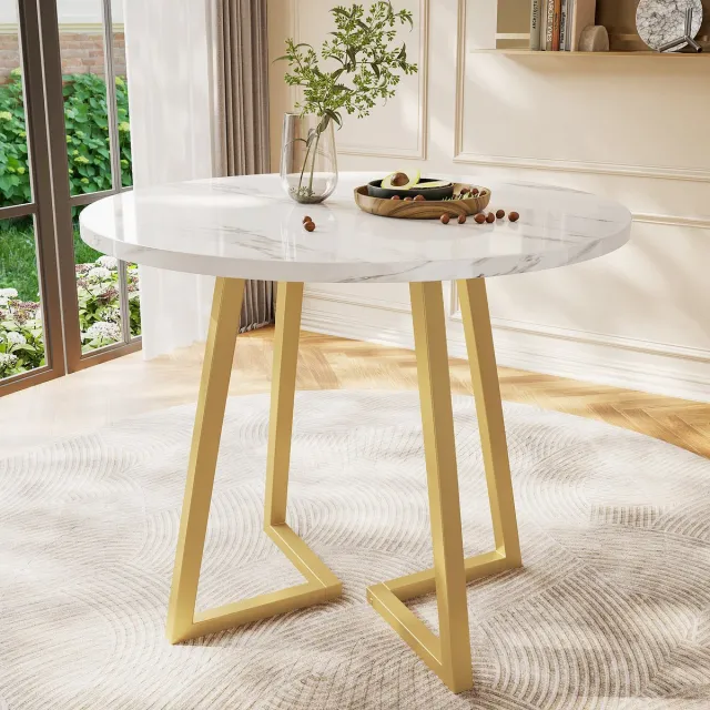 MODFU Ronde eettafel 80 cm MDF marmerprint – wit blad goud metalen onderstel verstelbare pootjes