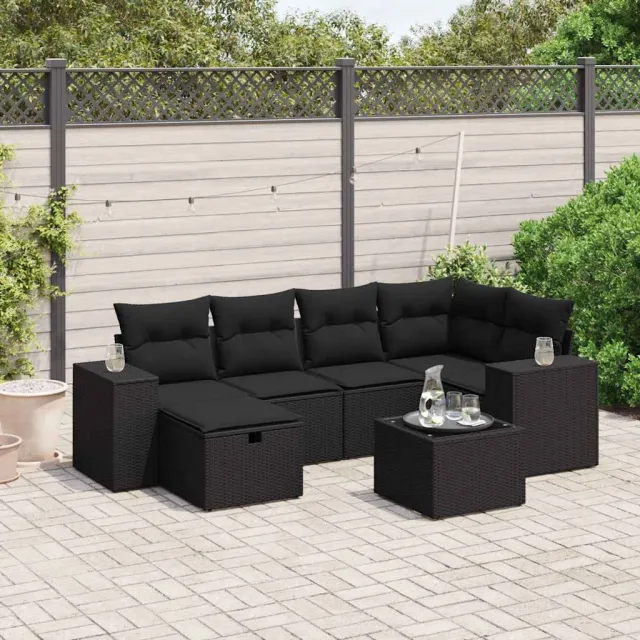 vidaXL 7-delige Loungeset met kussens poly rattan zwart, foto 2